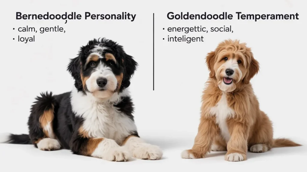 Bernedoodle vs Goldendoodle personality chart: Comparing the calm nature of Bernedoodles with the high-energy social traits of Goldendoodles.