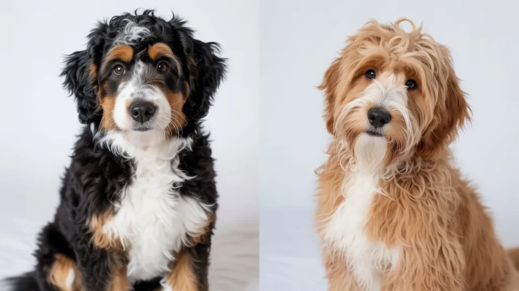 Side-by-side comparison of Bernedoodle and Goldendoodle coat types, showing the difference between curly, wavy, and tri-color fur.