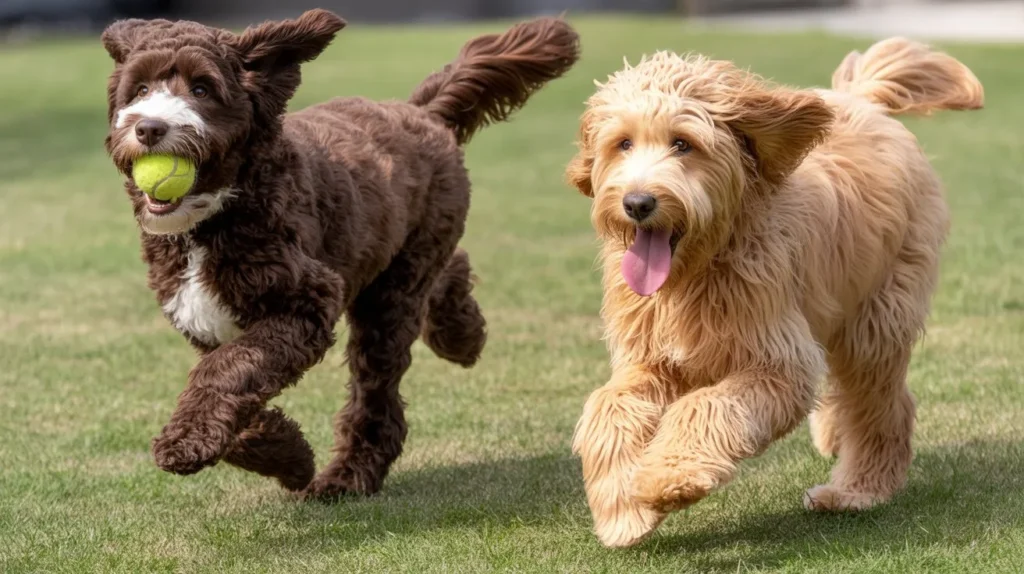 Comparison image of Labradoodle vs Goldendoodle playing side-by-side.
