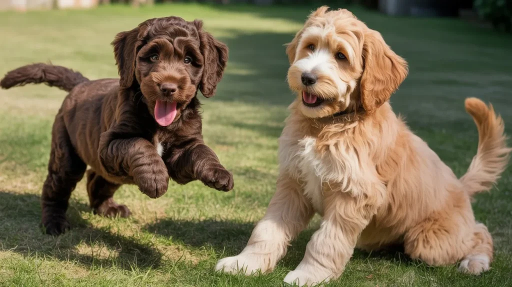 A Labradoodle and a Goldendoodle playing together in a park, showing the physical differences between the two breeds side-by-side