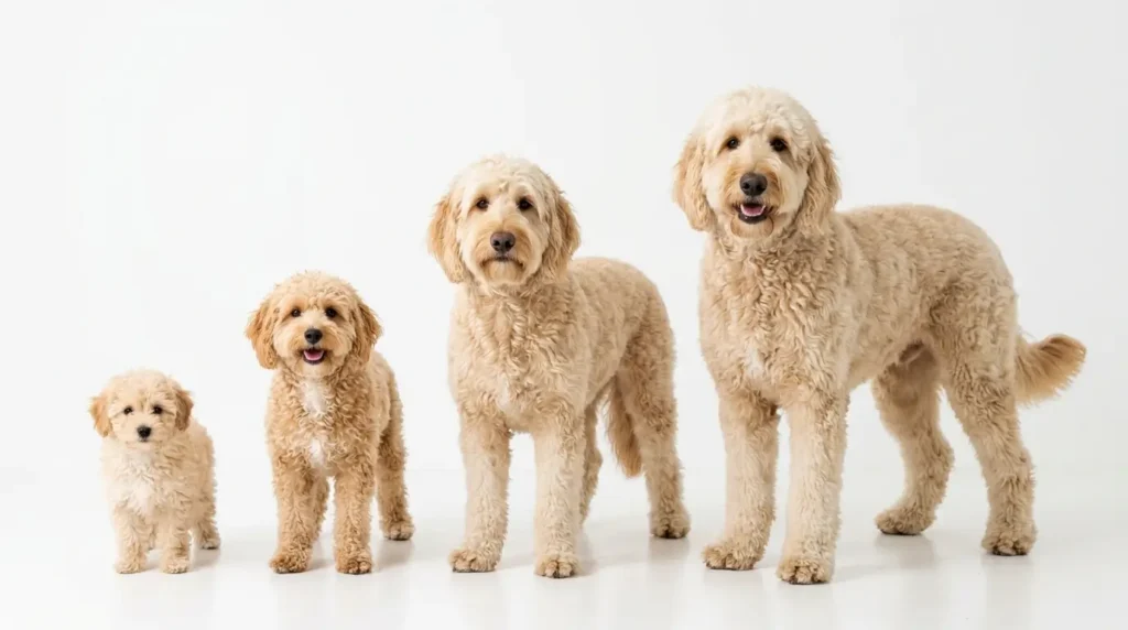 Goldendoodle-four-sizes-petite-mini-medium-standard