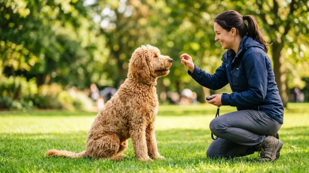 Goldendoodle training session positive reinforcement