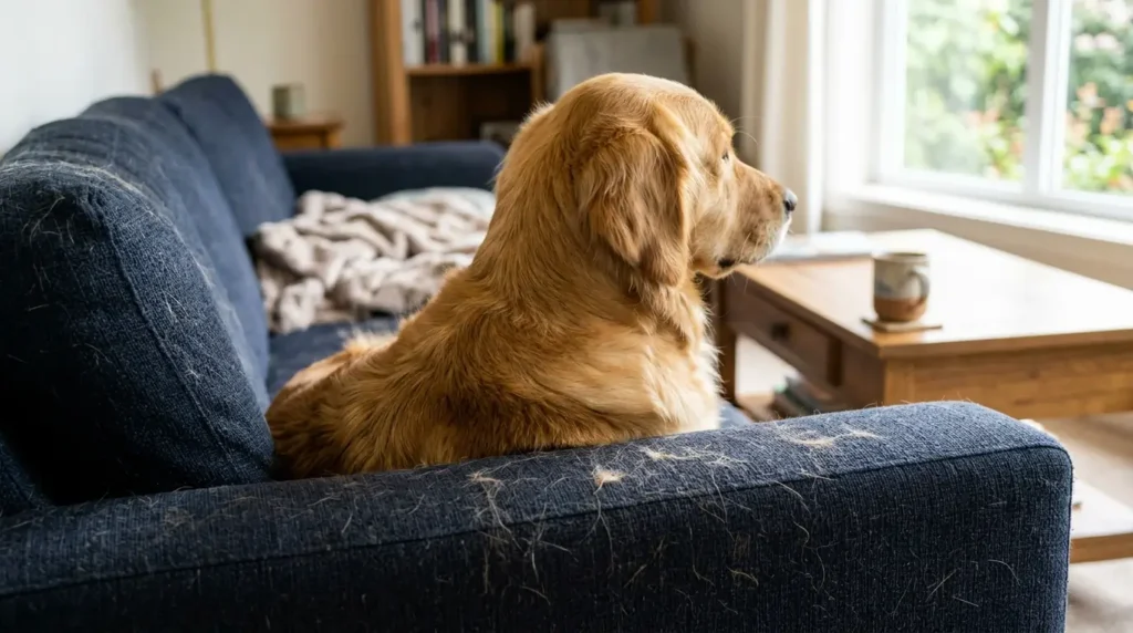 Golden Retriever sitting on a dark sofa covered in golden dog fur showing heavy shedding