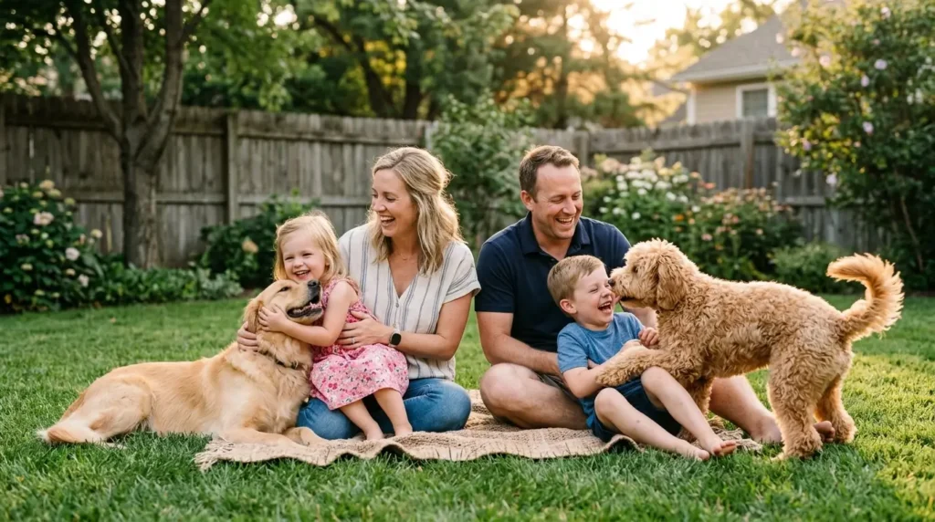 A family with two children playing in a backyard with a Goldendoodle and a Golden Retriever