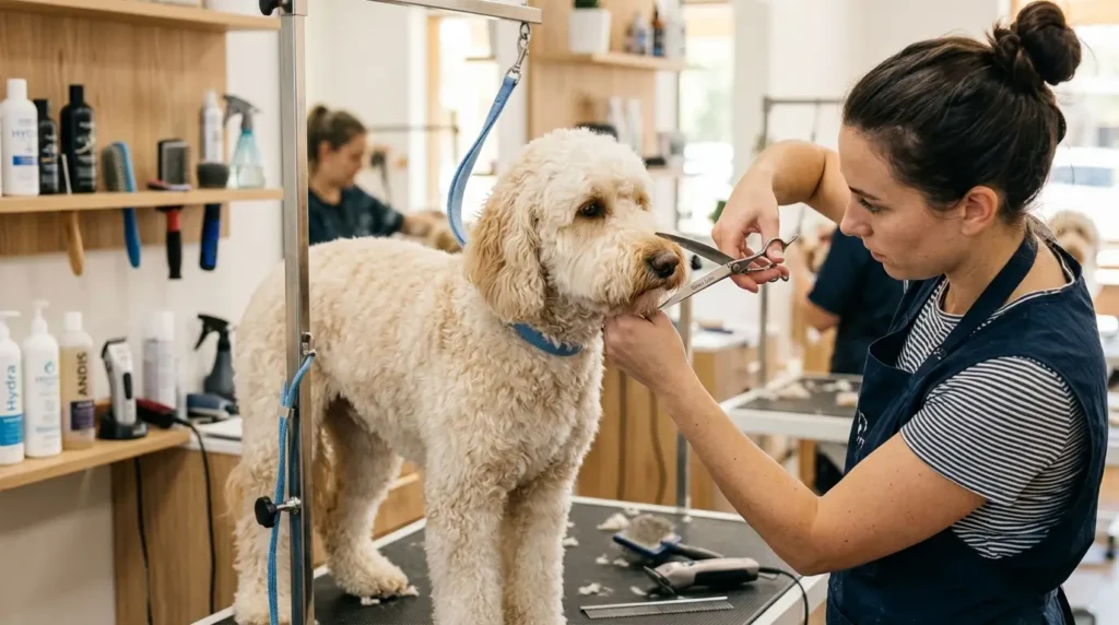 A Goldendoodle getting a professional grooming haircut at a dog grooming salon.