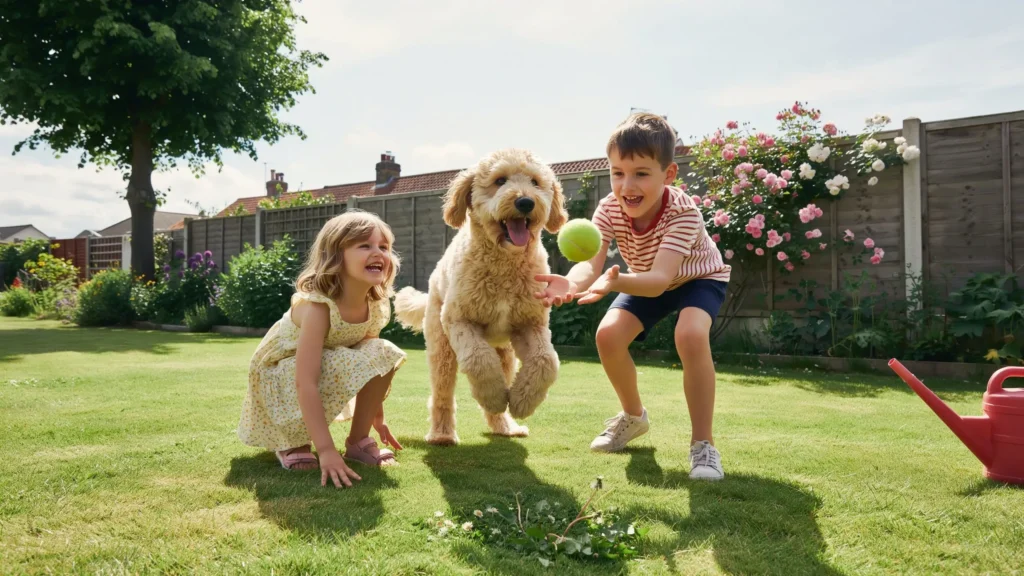 A Goldendoodle playing with children in a garden, showing its family-friendly temperament