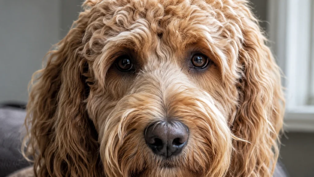Close-up of a Goldendoodle showing facial furnishings linked to a low-shedding coat.