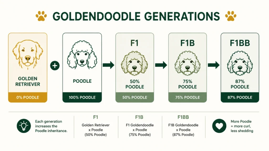 Goldendoodle generation chart showing Poodle percentage for F1, F1B and F1BB