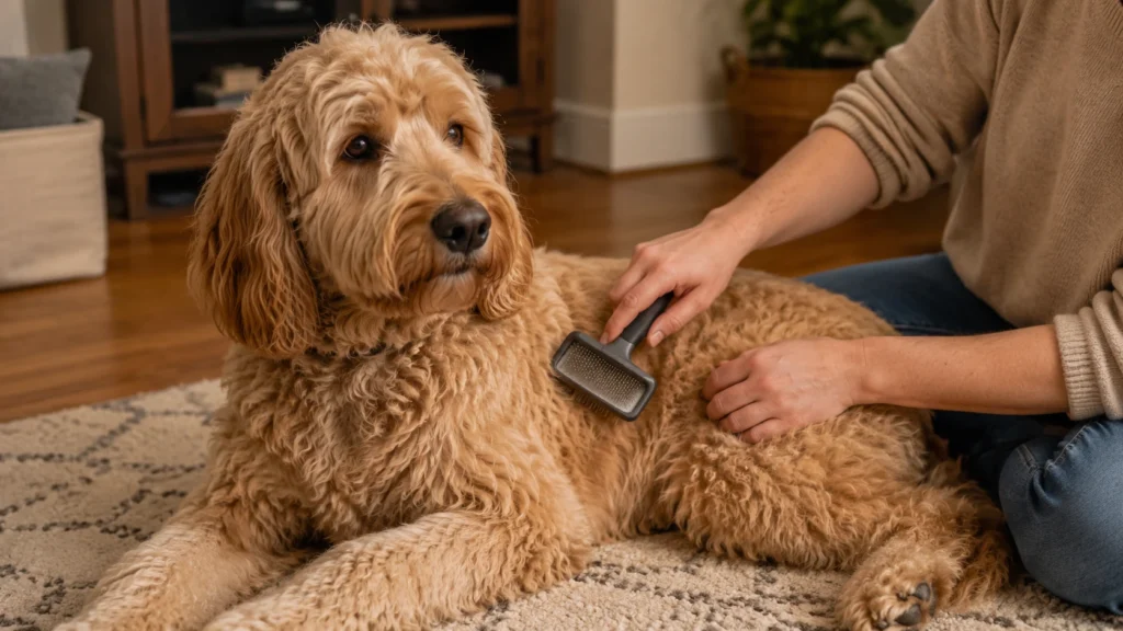 A Goldendoodle being brushed at home to prevent its coat matting
