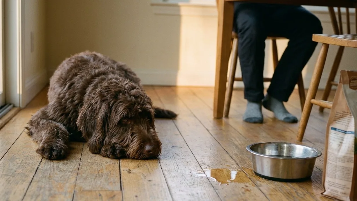 Chocolate Australian Labradoodle lying settled on a kitchen floor with its chin resting on its paws