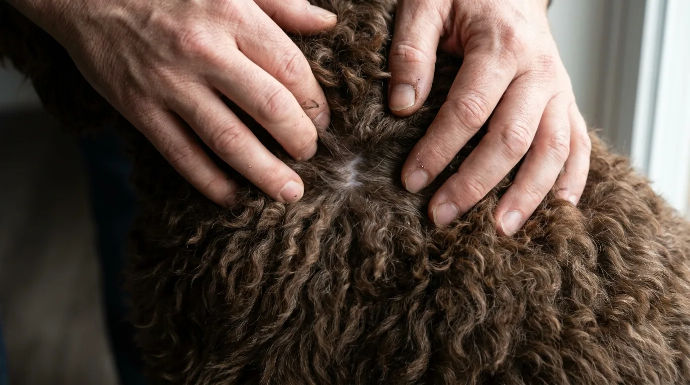 Hands parting the dense wool coat of a chocolate Australian Labradoodle to show the skin underneath