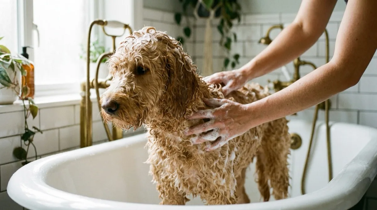 Goldendoodle being lathered with shampoo in a white bathtub during a routine bath