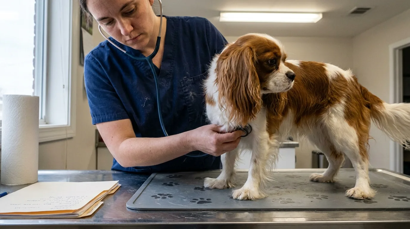Veterinarian listening to the heart of a Cavalier King Charles Spaniel with a stethoscope on a clinic exam table