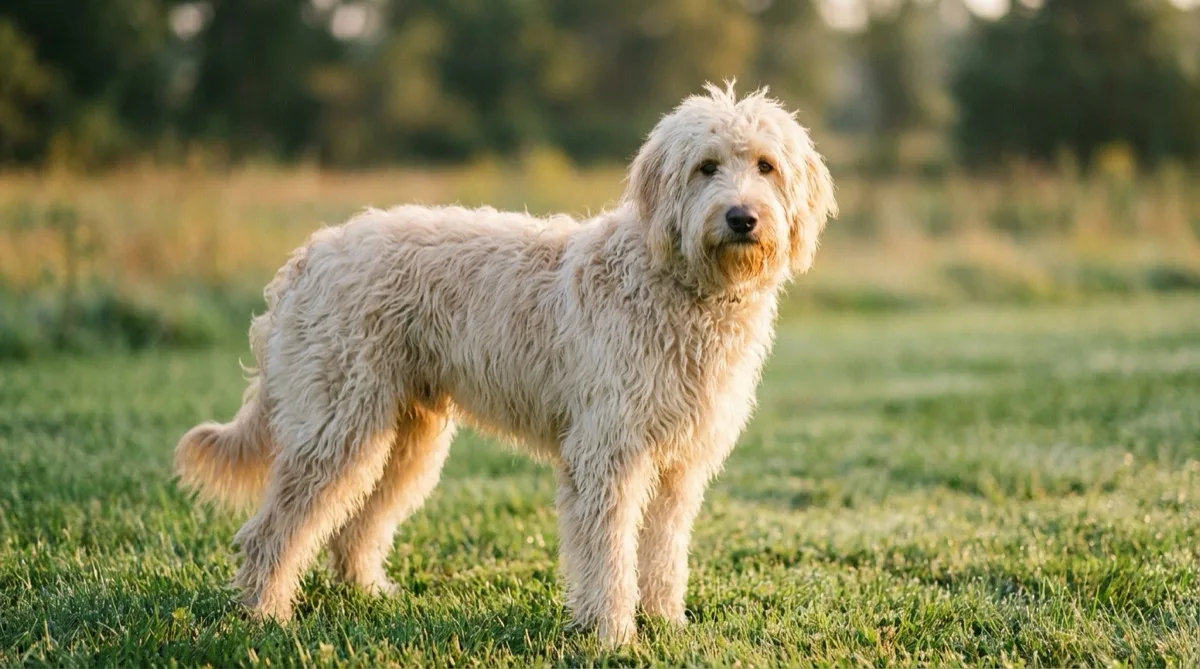 Cream F1 Goldendoodle with a loose wavy shaggy coat standing on grass in morning light
