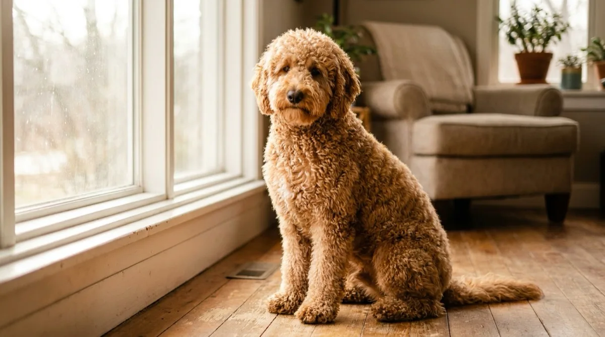 Apricot F1B Goldendoodle with a tightly curled coat sitting by a window on a wooden floor