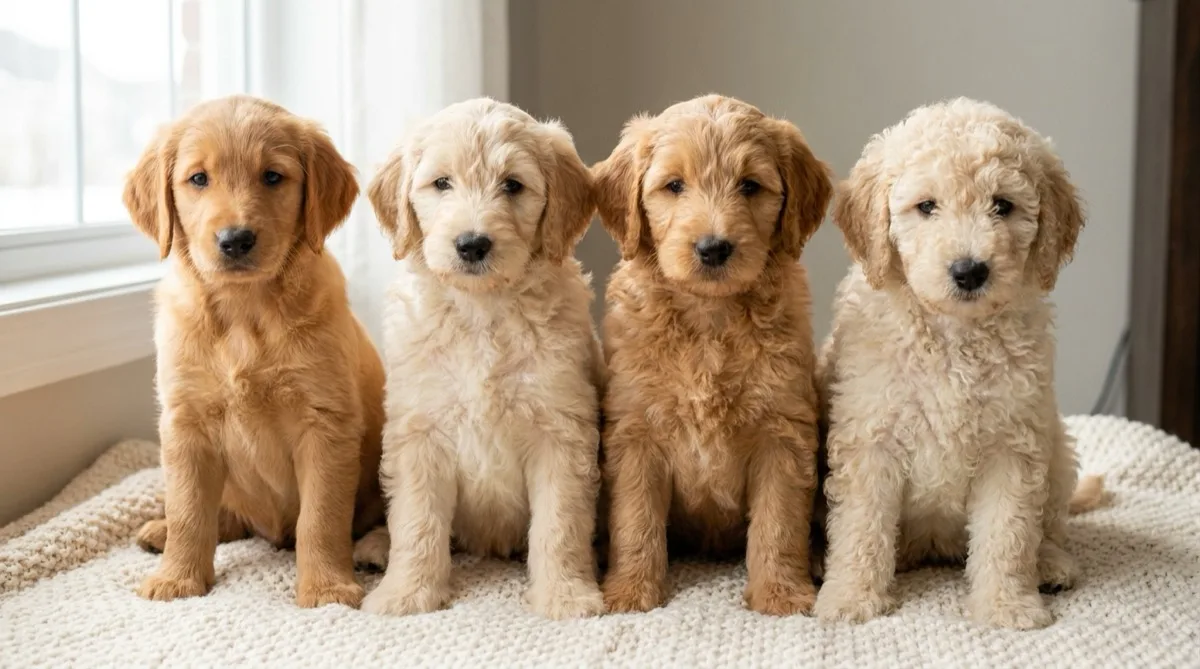 Four F2 Goldendoodle puppies side by side showing flat, wavy and tightly curled coats