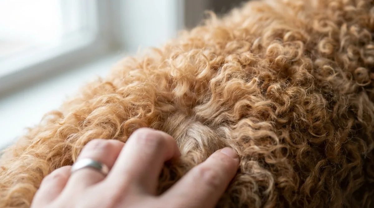 Hand parting the dense curls of an apricot Goldendoodle coat to show the undercoat beneath