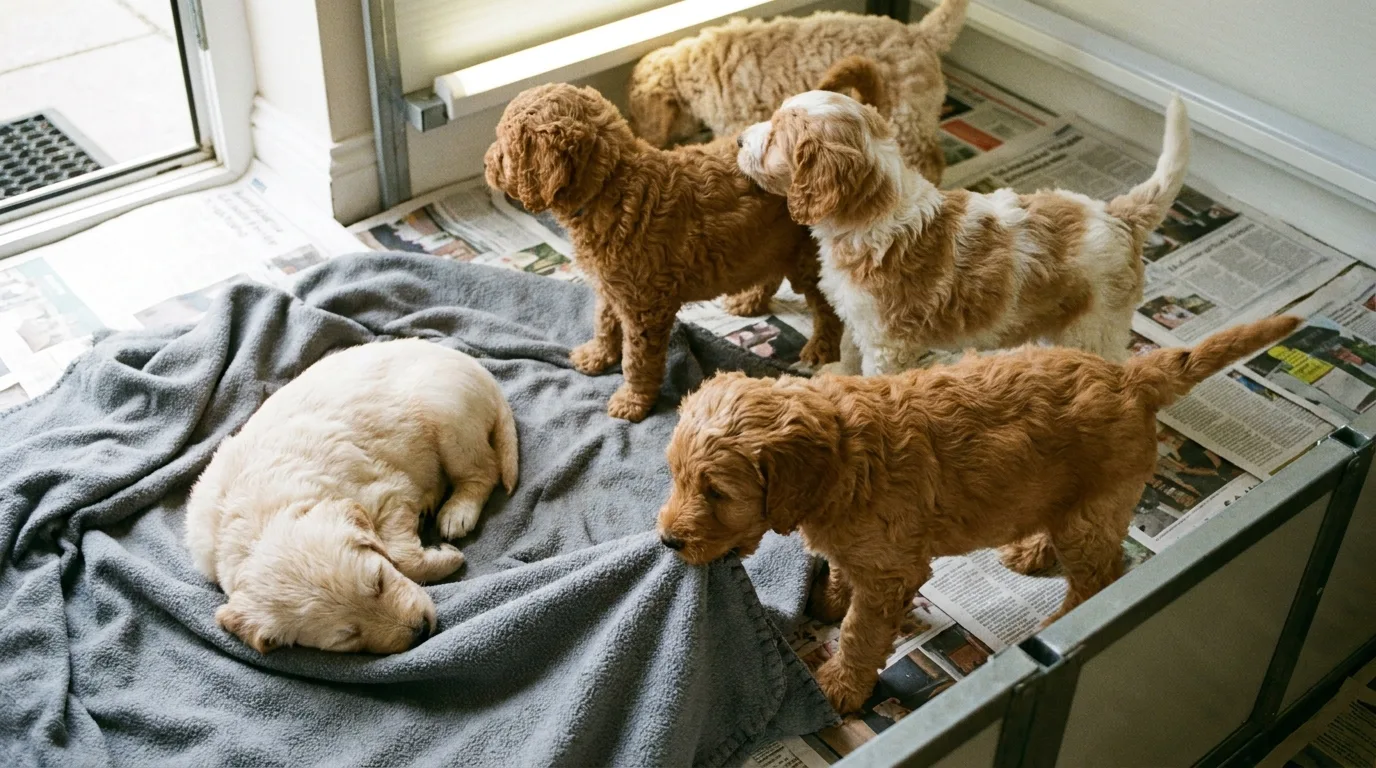Five Goldendoodle puppies from one litter in a whelping pen showing straight, wavy and tightly curled coats
