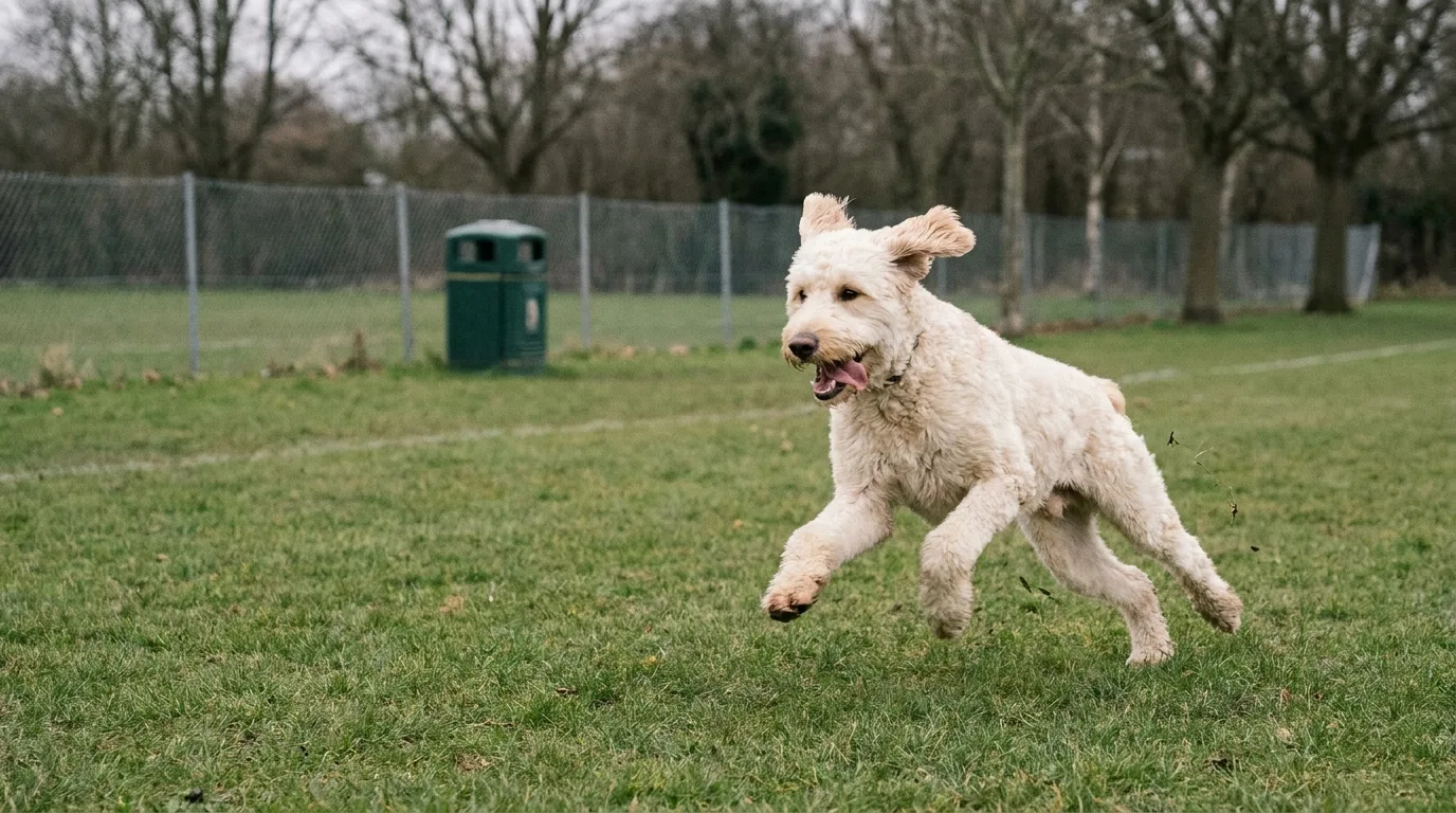 Cream standard Goldendoodle running at full stretch across a grass field in a park on an overcast day