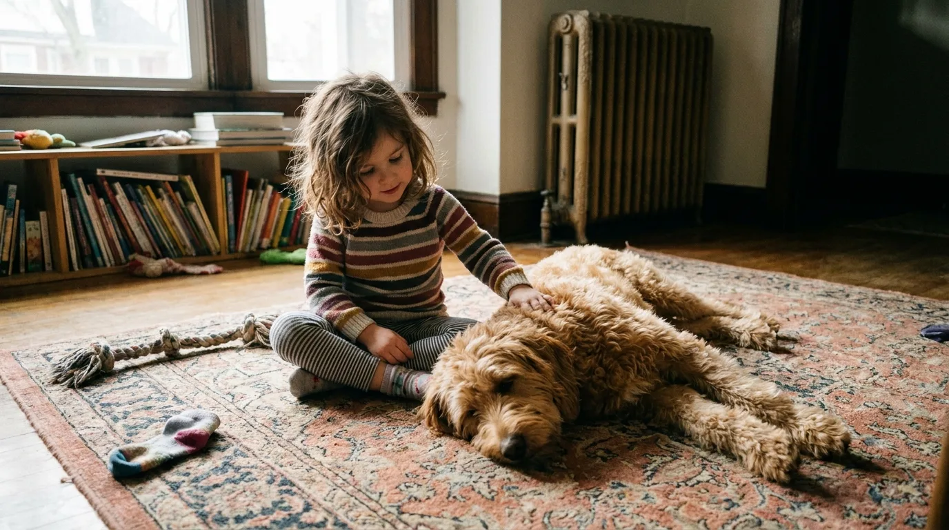 Young girl sitting on a living room rug with her hand resting on a calm apricot Goldendoodle lying beside her