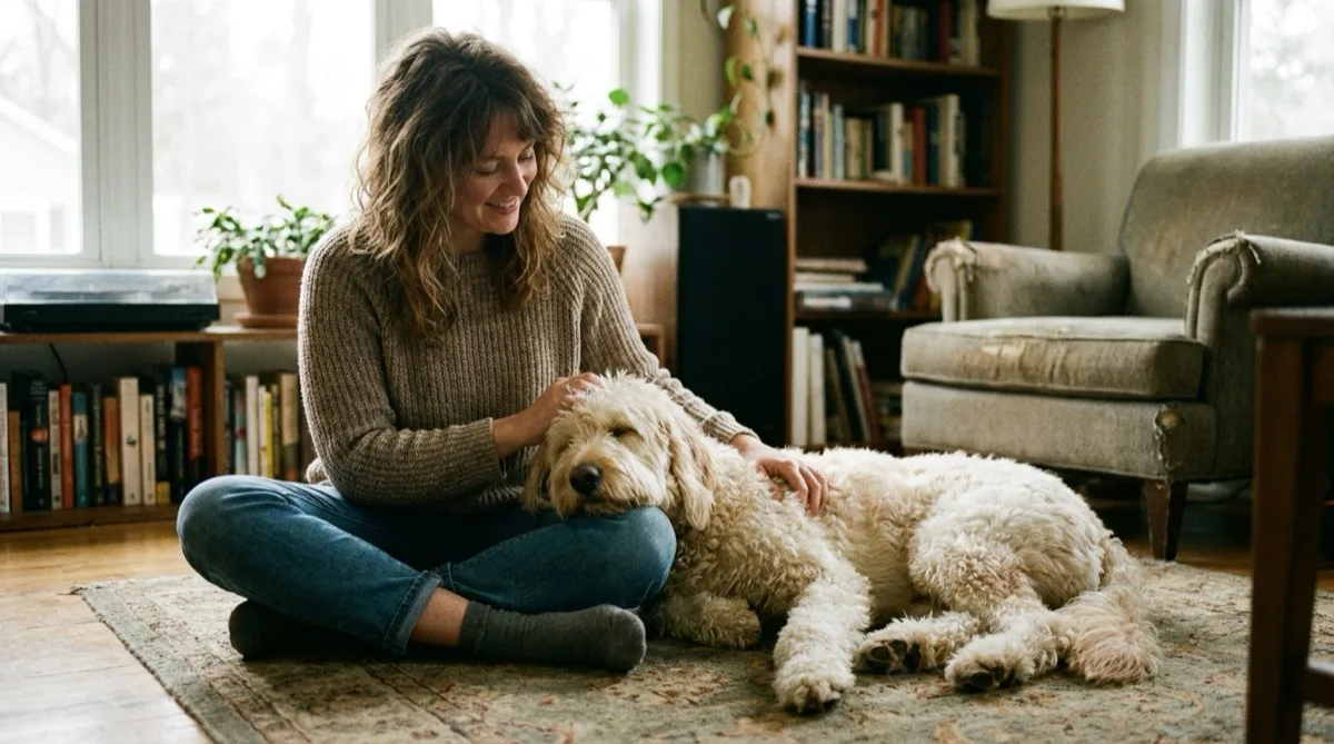 Woman sitting on a living room floor stroking a relaxed adult cream Goldendoodle